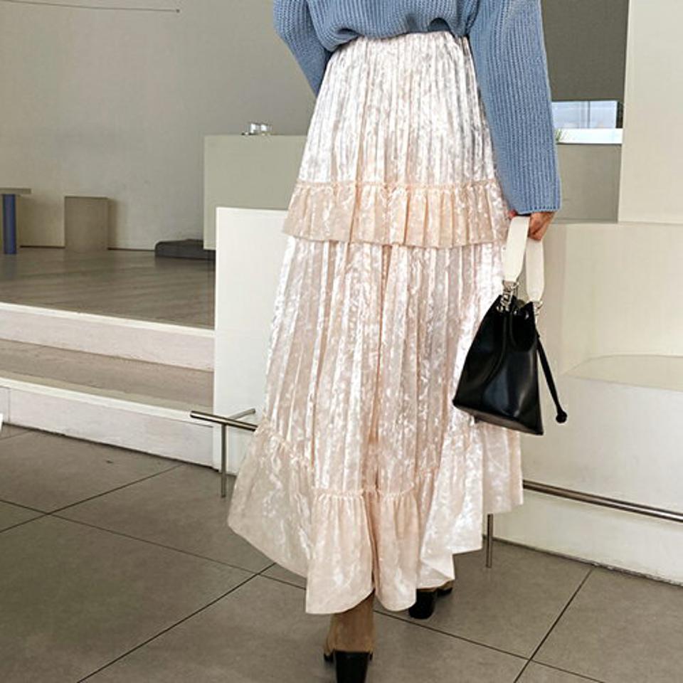 ベロアアンバランスフリルスカート・全2色・66221 レディース 【sk】【スカート ロングスカート ロング フリル アンバランス ベロア ベロアスカート 上品 単色 プリーツ プリーツスカート 秋 冬 韓国 ファッション】【ハイホリHIHOLLI】