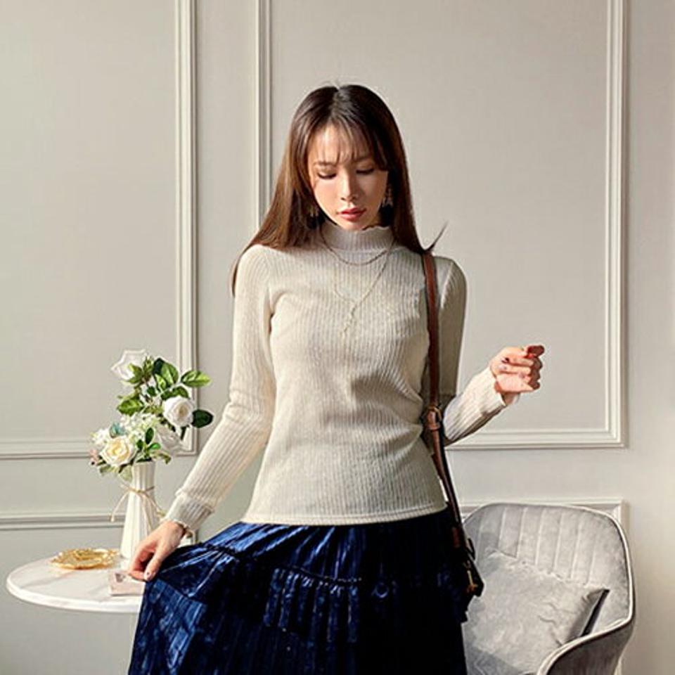 ウェーブリブTシャツ・全5色・b66207 レディース 【tops】【トップス Tシャツ 長袖 リブ リブトップス ウェーブ 単色 フェミニン ハーフネック パステル 秋 冬 韓国 ファッション】【ハイホリHIHOLLI】