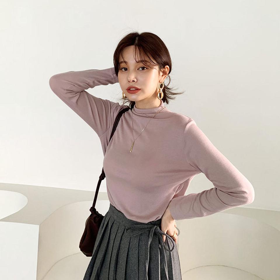 ハーフネックTシャツ・全5色・b66197 レディース 【tops】【トップス Tシャツ 長袖 ハーフネック 単色 無地 シンプル 大人 きれいめ 秋 冬 韓国 ファッション】【ハイホリHIHOLLI】