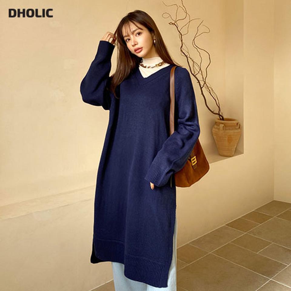 Vネックスリットニットワンピース・全3色・t66211 レディース 【ops】【ワンピース ミディ丈 ミディワンピース 長袖 単色 無地 シンプル スリット ニット ニットワンピース Vネック カジュアル 秋 冬 韓国 ファッション】【ハイホリHIHOLLI】