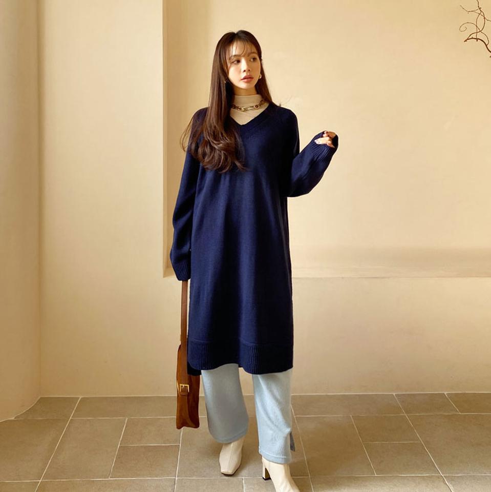 Vネックスリットニットワンピース・全3色・t66211 レディース 【ops】【ワンピース ミディ丈 ミディワンピース 長袖 単色 無地 シンプル スリット ニット ニットワンピース Vネック カジュアル 秋 冬 韓国 ファッション】【ハイホリHIHOLLI】