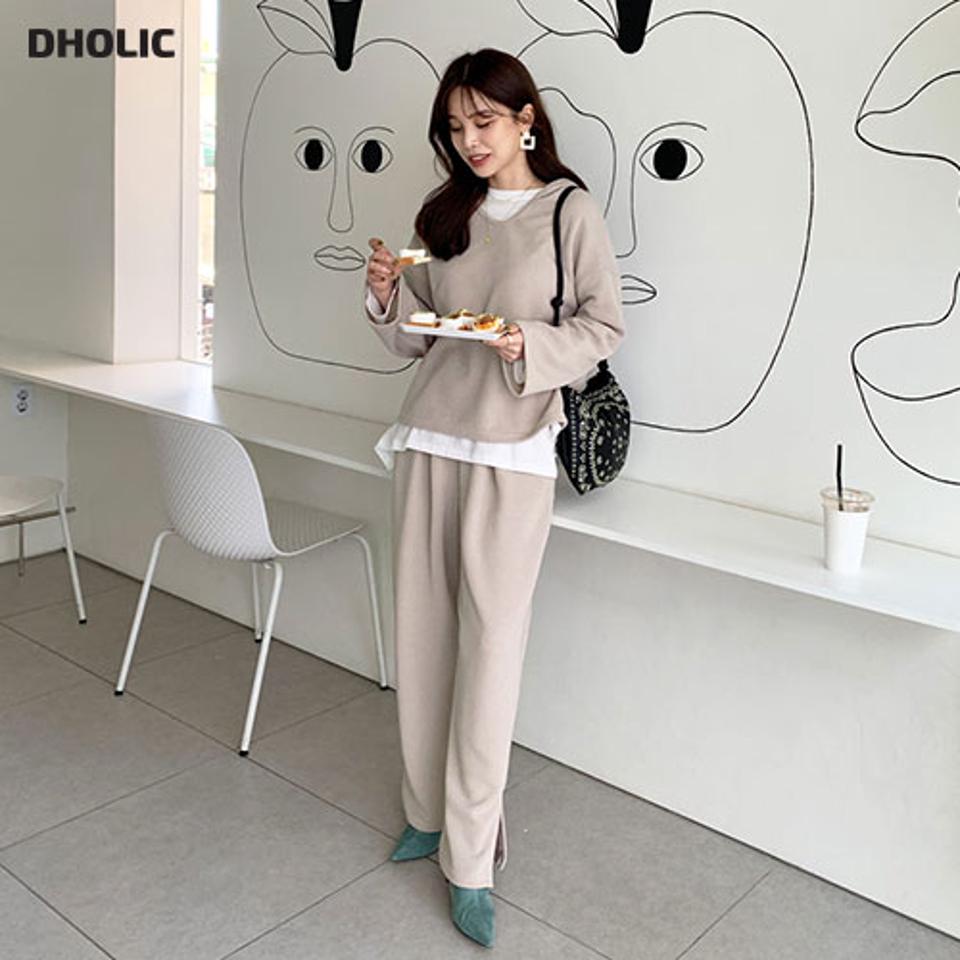 フーディ&スリットパンツSET・全3色・t66195 レディース 【set】【セットアップ setup トップス パーカー 長袖 パンツ ズボン ロングパンツ 単色 無地 シンプル スリット 秋 冬 韓国 ファッション】【ハイホリHIHOLLI】