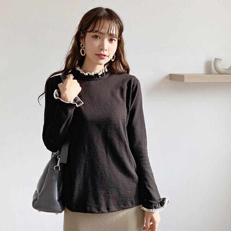 サークルレースフリルTシャツ・全3色・b66061 レディース 【tops】【トップス Tシャツ 長袖 レース フリル かわいい 可愛い ガーリー 愛らしい 細身 秋 冬 韓国 ファッション】【ハイホリHIHOLLI】