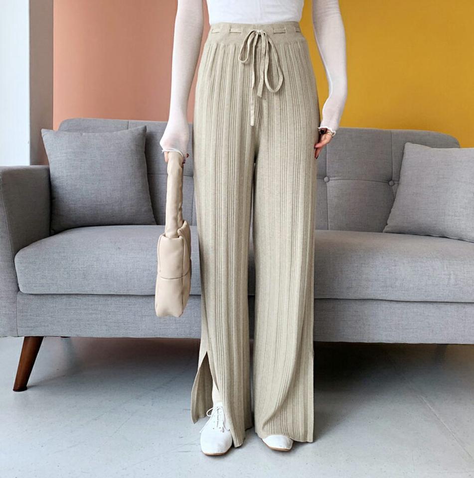 スリットニットパンツ・全3色・b62491 レディース 【pt】【韓国 ファッション ボトムス パンツ ロング ニットパンツ ウエストゴム 10分丈 十分丈 ストレート ハイウエスト 無地 ルーズ カジュアル 秋 冬】