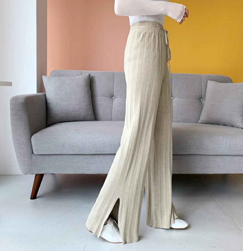 スリットニットパンツ・全3色・b62491 レディース 【pt】【韓国 ファッション ボトムス パンツ ロング ニットパンツ ウエストゴム 10分丈 十分丈 ストレート ハイウエスト 無地 ルーズ カジュアル 秋 冬】