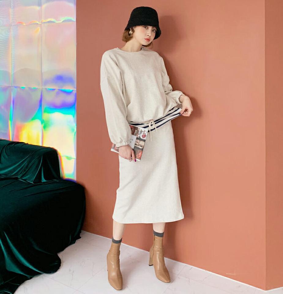 ドロストスウェット&スカートSET・全3色・t62476 レディース 【ops】【韓国 ファッション ワンピース ロング ロングワンピス セットアップ 長袖 ナチュラル ウエストゴム バックスリット 体型カバー デイリー カジュアル 秋 冬】