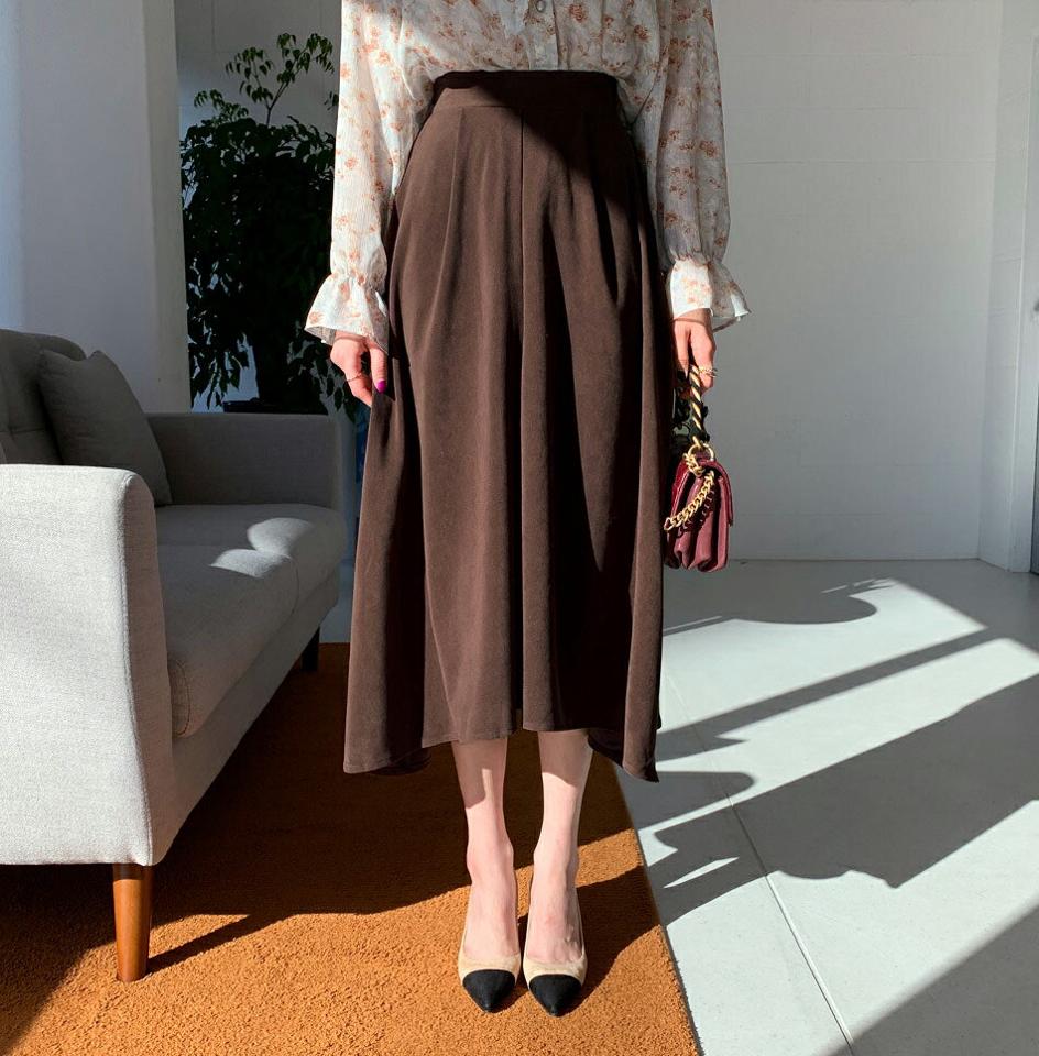 タックフレアスカート・全3色・b62488 レディース 【sk】【韓国 ファッション ボトムス スカート ロング Aライン ウエストゴム タック プリーツ スリム 体型カーバー 細身 ベーシック デイリー カジュアル 秋 冬】