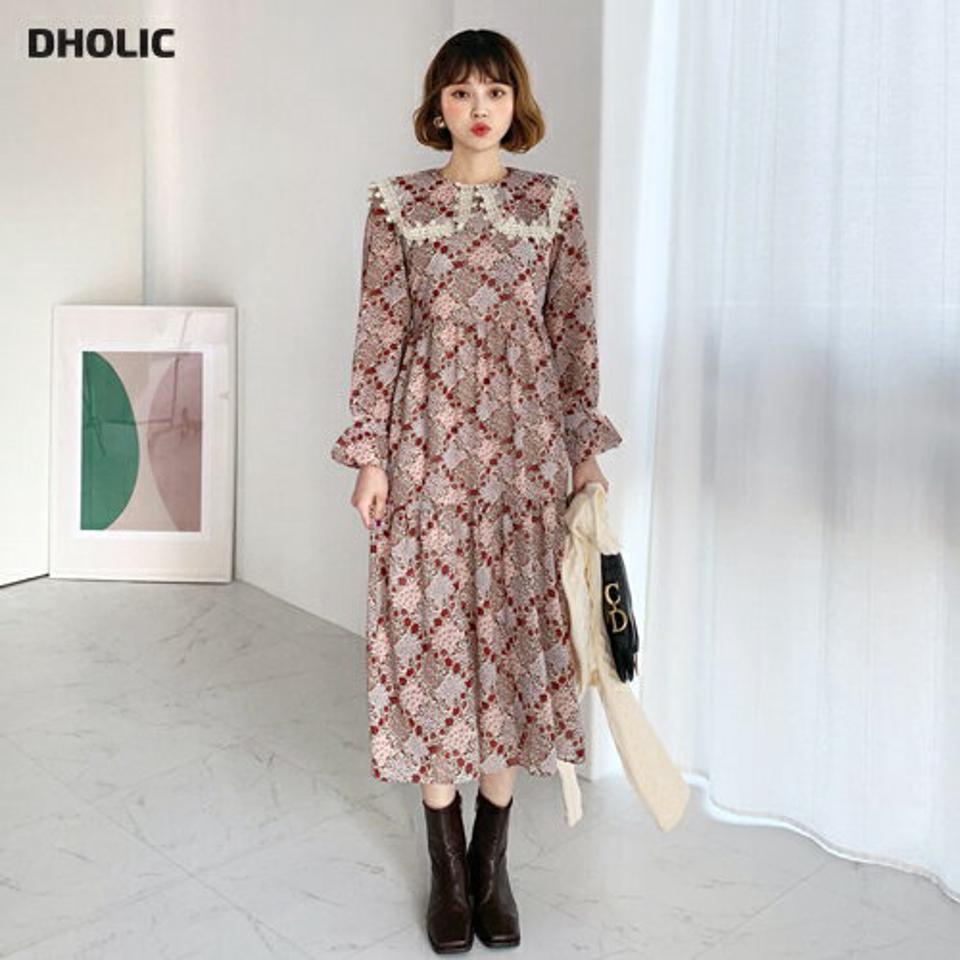 レースカラー花柄ワンピース・全3色・t62467 レディース 【ops】【韓国 ファッション ワンピース ロング ロングワンピス 長袖 レース フローラル パタン ウエストリボン ギャザー 花柄 ナチュラル 体型カバー デイリー カジュアル 秋 冬】