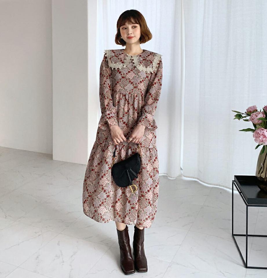 レースカラー花柄ワンピース・全3色・t62467 レディース 【ops】【韓国 ファッション ワンピース ロング ロングワンピス 長袖 レース フローラル パタン ウエストリボン ギャザー 花柄 ナチュラル 体型カバー デイリー カジュアル 秋 冬】