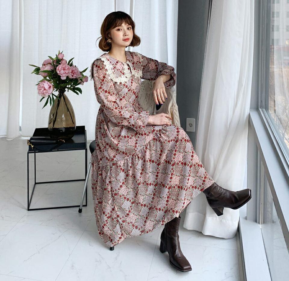 レースカラー花柄ワンピース・全3色・t62467 レディース 【ops】【韓国 ファッション ワンピース ロング ロングワンピス 長袖 レース フローラル パタン ウエストリボン ギャザー 花柄 ナチュラル 体型カバー デイリー カジュアル 秋 冬】