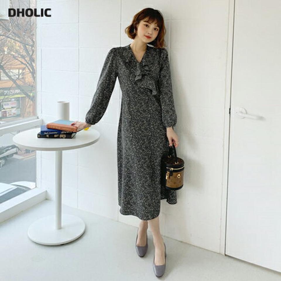 Vネックフリル花柄ワンピース・全3色・t62475 レディース 【ops】【韓国 ファッション ワンピース ロング ロングワンピス 長袖 Vネック フローラル パタン ラップ風 ウエストリボン 花柄 ナチュラル 体型カバー デイリー カジュアル 秋 冬】