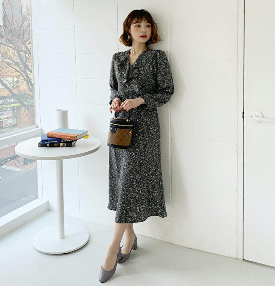Vネックフリル花柄ワンピース・全3色・t62475 レディース 【ops】【韓国 ファッション ワンピース ロング ロングワンピス 長袖 Vネック フローラル パタン ラップ風 ウエストリボン 花柄 ナチュラル 体型カバー デイリー カジュアル 秋 冬】