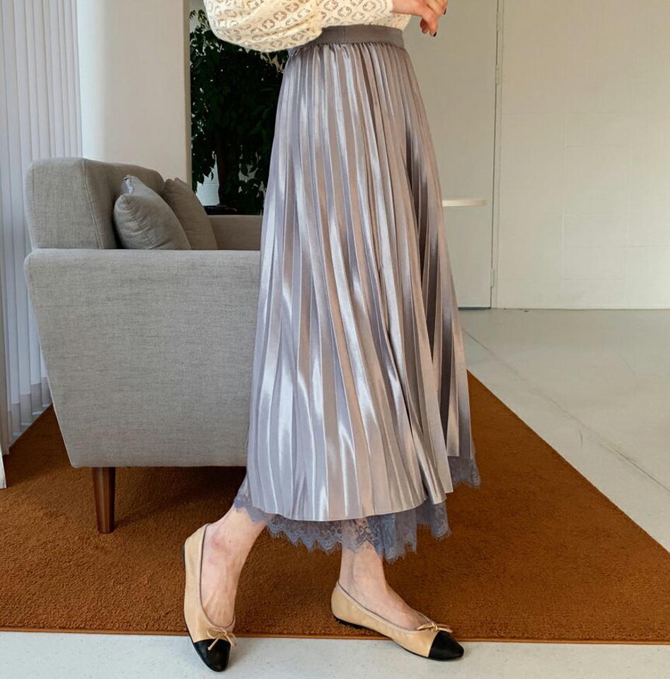 チュールリバーシブルスカート・全3色・b62489 レディース 【sk】【韓国 ファッション ボトムス スカート ロング Aライン ウエストゴム チュールレース プリーツ サテン スリム 体型カーバー 細身 ベーシック デイリー カジュアル 秋 冬】