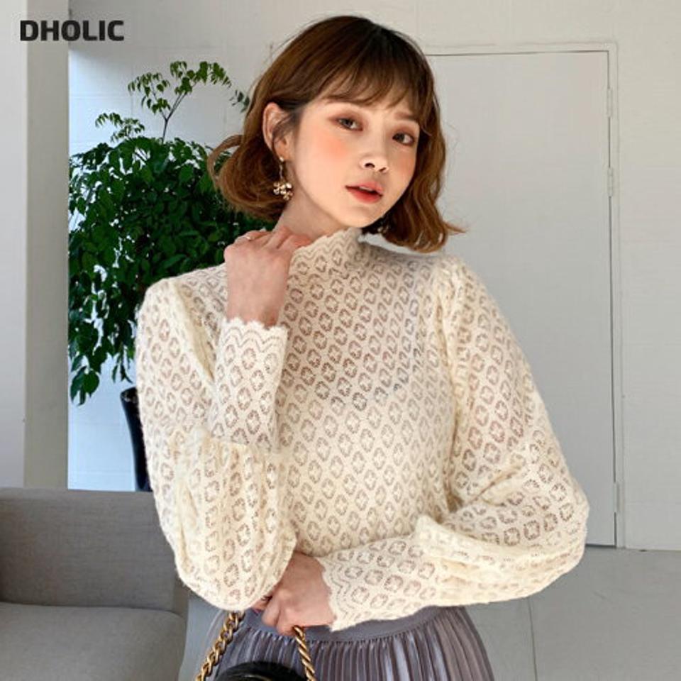シアーレースパフブラウス・全3色・b62457 レディース 【bl】【韓国 ファッション トップス ブラウス 長袖 ハイネック パフスリーブ ボリューム ダイヤパターン 上品 フェミニン カジュアル 無地 デイリー カジュアル 秋 冬】