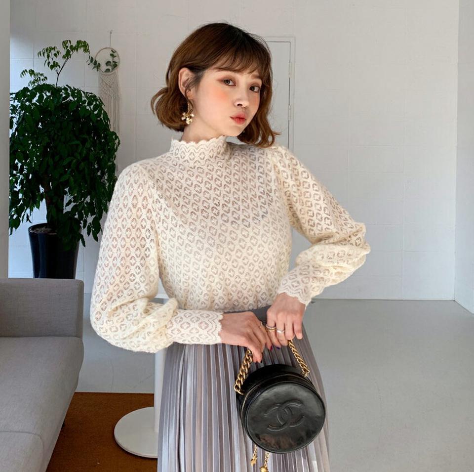 シアーレースパフブラウス・全3色・b62457 レディース 【bl】【韓国 ファッション トップス ブラウス 長袖 ハイネック パフスリーブ ボリューム ダイヤパターン 上品 フェミニン カジュアル 無地 デイリー カジュアル 秋 冬】