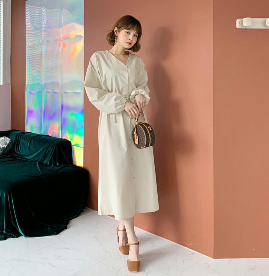 ストラップ付Vネックワンピース・全3色・t62468 レディース 【ops】【韓国 ファッション ワンピース ロング ロングワンピス 長袖 鎖骨 Vネック デコルテ ベルトループ ナチュラル 体型カバー デイリー 無地 ベーシック カジュアル 秋 冬】