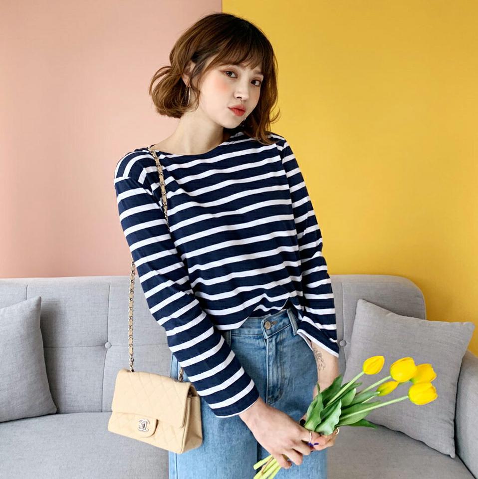ボーダーTシャツ・全3色・t62458 レディース 【tops】【韓国 ファッション トップス Tシャツ 長袖 ラウンドネック ストライプ ボーダーTシャツ シンプル ボーダー デイリー ベーシック カジュアル 無地 カジュアル 秋 冬】【BT】