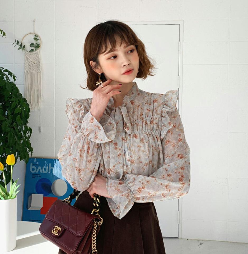 リボン花柄ブラウス・全3色・t62472 レディース 【bl】【韓国 ファッション トップス ブラウス 長袖 花柄 リボンネック フリル シフォン シャーリング フラワー 上品 フェミニン カジュアル カジュアル 秋 冬】