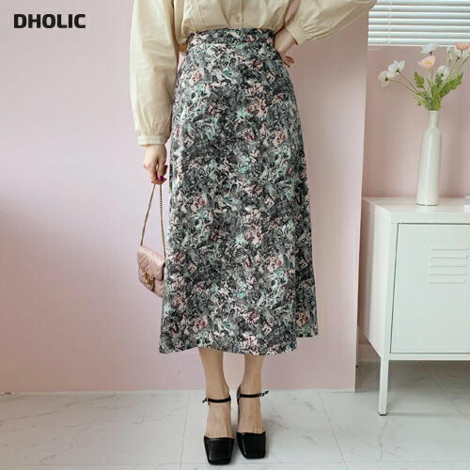 フローラルスカート・全2色・t62487 レディース 【sk】【韓国 ファッション ボトムス スカート ロング Aライン ウエストゴム フローラル パターン プリーツ スリム 体型カーバー 細身 ベーシック デイリー カジュアル 秋 冬】
