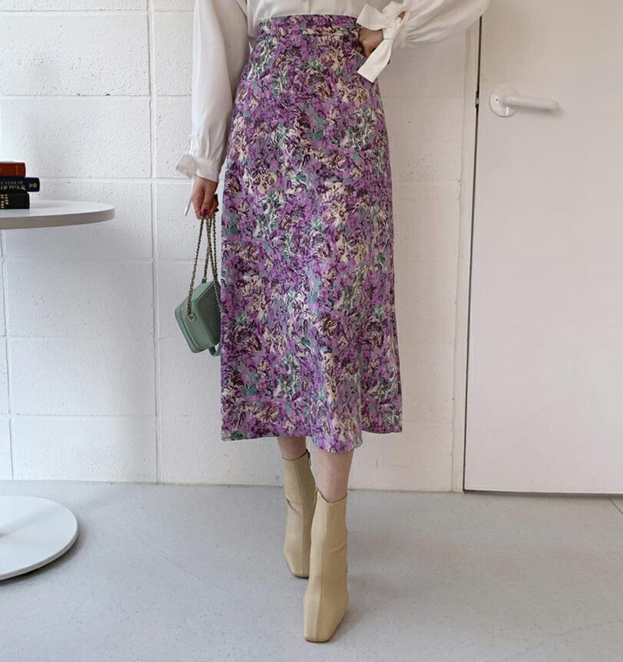 フローラルスカート・全2色・t62487 レディース 【sk】【韓国 ファッション ボトムス スカート ロング Aライン ウエストゴム フローラル パターン プリーツ スリム 体型カーバー 細身 ベーシック デイリー カジュアル 秋 冬】