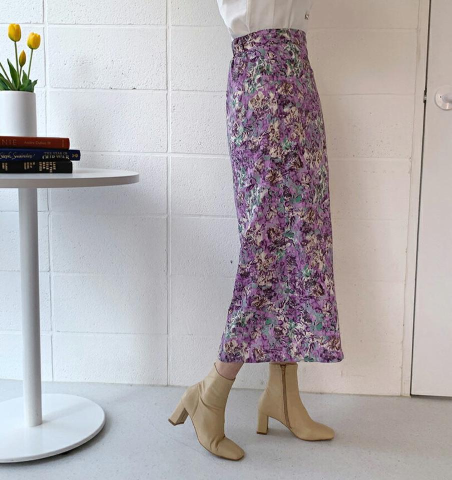 フローラルスカート・全2色・t62487 レディース 【sk】【韓国 ファッション ボトムス スカート ロング Aライン ウエストゴム フローラル パターン プリーツ スリム 体型カーバー 細身 ベーシック デイリー カジュアル 秋 冬】