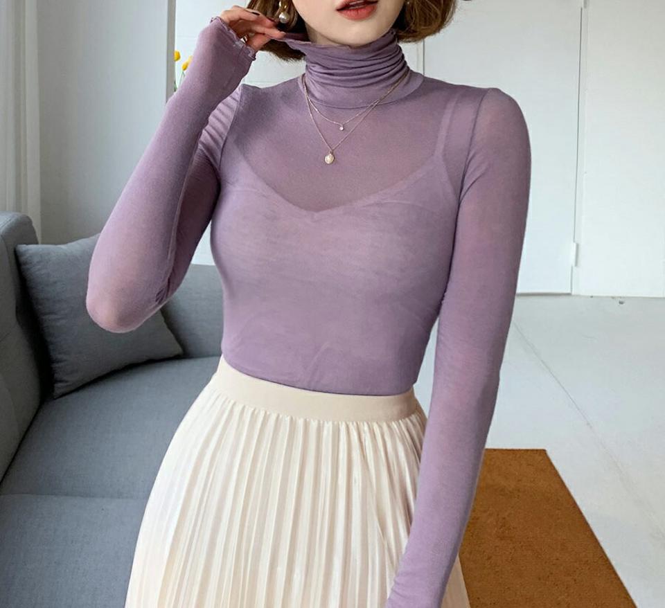 ウェーブシアーTシャツ・全6色・b62456 レディース 【tops】【韓国 ファッション トップス Tシャツ 長袖 シースルーTシャツ レイヤード タートルネック ハイネック ウェーブ デイリー ベーシック カジュアル 無地 カジュアル 秋 冬】