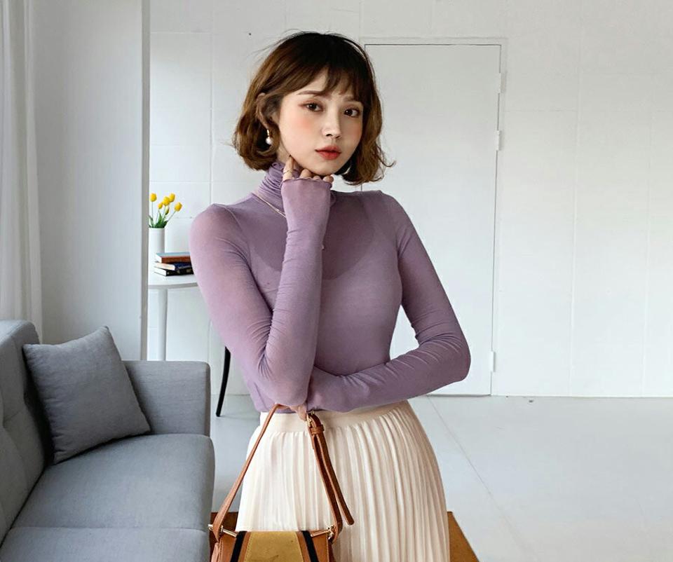 ウェーブシアーTシャツ・全6色・b62456 レディース 【tops】【韓国 ファッション トップス Tシャツ 長袖 シースルーTシャツ レイヤード タートルネック ハイネック ウェーブ デイリー ベーシック カジュアル 無地 カジュアル 秋 冬】