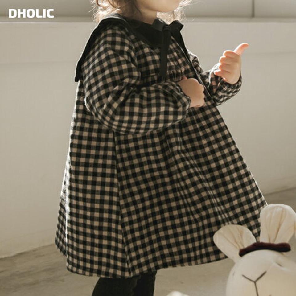 起毛リボンカラーチェックワンピース・p010905 キッズ【0~2才】【ops】【ワンピース チェック柄 長袖 リボン りぼん 起毛 可愛い かわいい 女の子 秋 冬 韓国 韓国子供服 子供 こども 子供服 こども服】【KIDS】