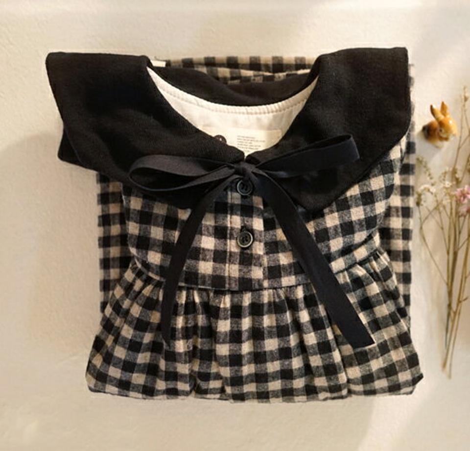 起毛リボンカラーチェックワンピース・p010905 キッズ【0~2才】【ops】【ワンピース チェック柄 長袖 リボン りぼん 起毛 可愛い かわいい 女の子 秋 冬 韓国 韓国子供服 子供 こども 子供服 こども服】【KIDS】