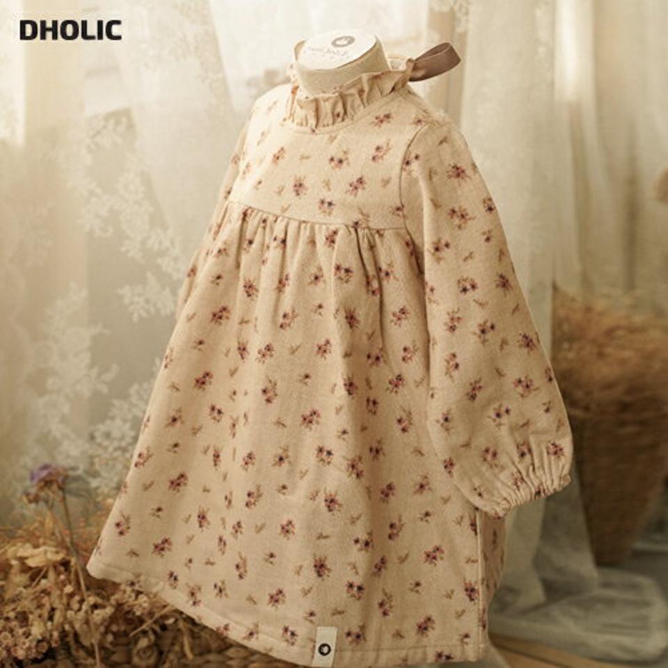 リボン花柄ワンピース・p010911 キッズ【0~2才】【ops】【ワンピース 長袖 花柄 フラワー リボン りぼん ガーリー 可愛い かわいい 女の子 秋 冬 韓国 韓国子供服 子供 こども 子供服 こども服】【KIDS】