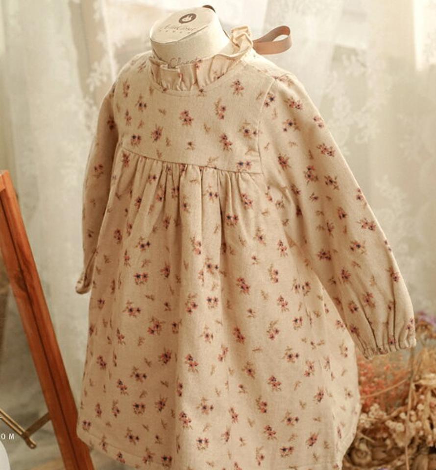 リボン花柄ワンピース・p010911 キッズ【0~2才】【ops】【ワンピース 長袖 花柄 フラワー リボン りぼん ガーリー 可愛い かわいい 女の子 秋 冬 韓国 韓国子供服 子供 こども 子供服 こども服】【KIDS】