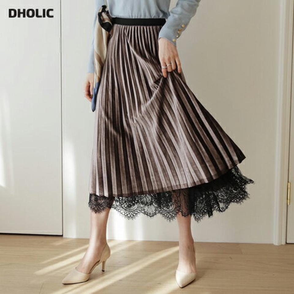 ベロアレースリバーシブルスカート・全3色・b66392 レディース 【sk】【スカート ロング ロングスカート ベロア レース リバーシブル 可愛い あかわいい フェミニン プリーツ ウエストゴム 秋 冬 韓国 ファッション】【ハイホリHIHOLLI】