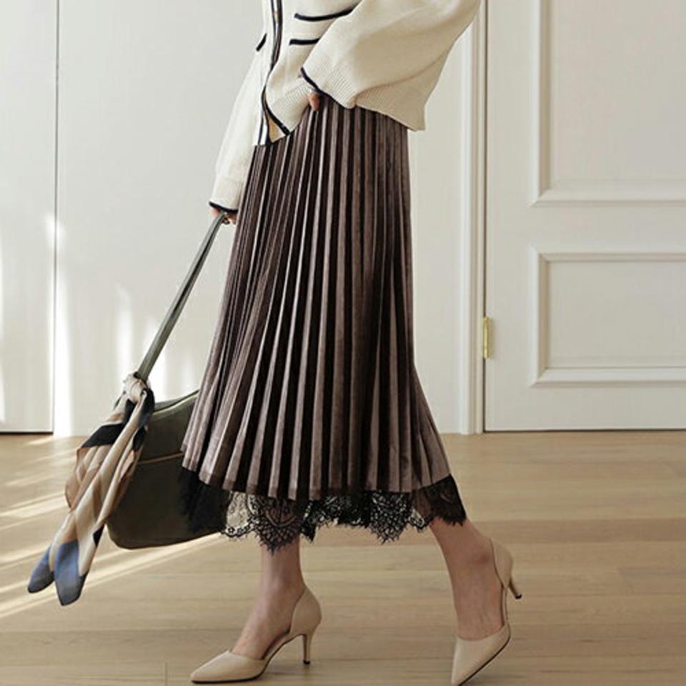 ベロアレースリバーシブルスカート・全3色・b66392 レディース 【sk】【スカート ロング ロングスカート ベロア レース リバーシブル 可愛い あかわいい フェミニン プリーツ ウエストゴム 秋 冬 韓国 ファッション】【ハイホリHIHOLLI】