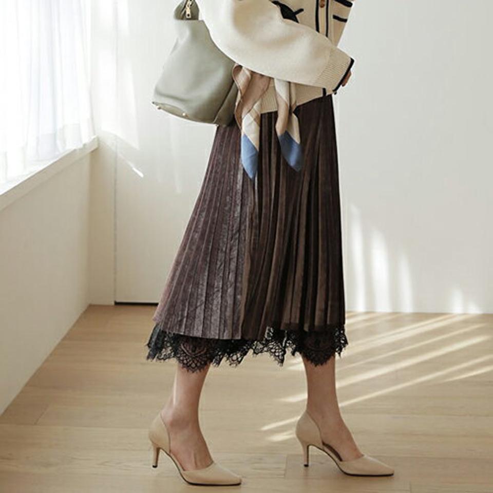 ベロアレースリバーシブルスカート・全3色・b66392 レディース 【sk】【スカート ロング ロングスカート ベロア レース リバーシブル 可愛い あかわいい フェミニン プリーツ ウエストゴム 秋 冬 韓国 ファッション】【ハイホリHIHOLLI】