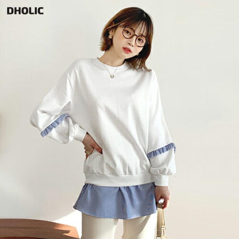 ストライプ配色スウェット・全2色・b64806 レディース 【tops】【韓国 ファッション トップス スウェット Tシャツ 長袖 ラウンドネック ストライプ コントラスト ドロップショルダー フリル 無地 ルーズ ゆったり ベーシック カジュアル カジュアル 秋 冬】