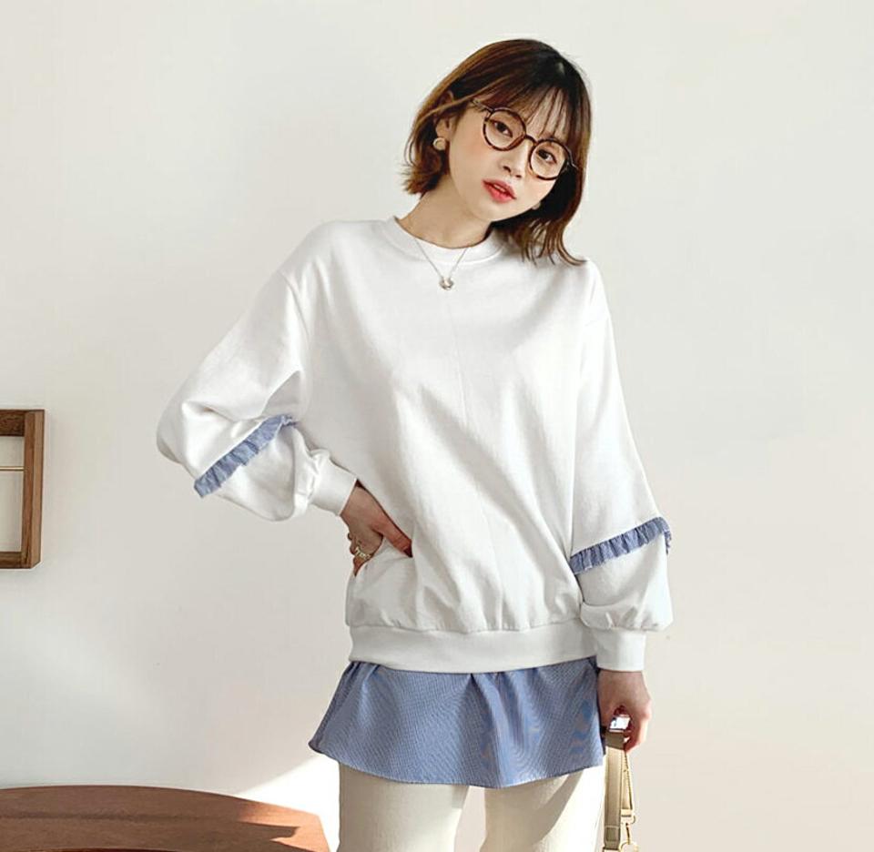 ストライプ配色スウェット・全2色・b64806 レディース 【tops】【韓国 ファッション トップス スウェット Tシャツ 長袖 ラウンドネック ストライプ コントラスト ドロップショルダー フリル 無地 ルーズ ゆったり ベーシック カジュアル カジュアル 秋 冬】