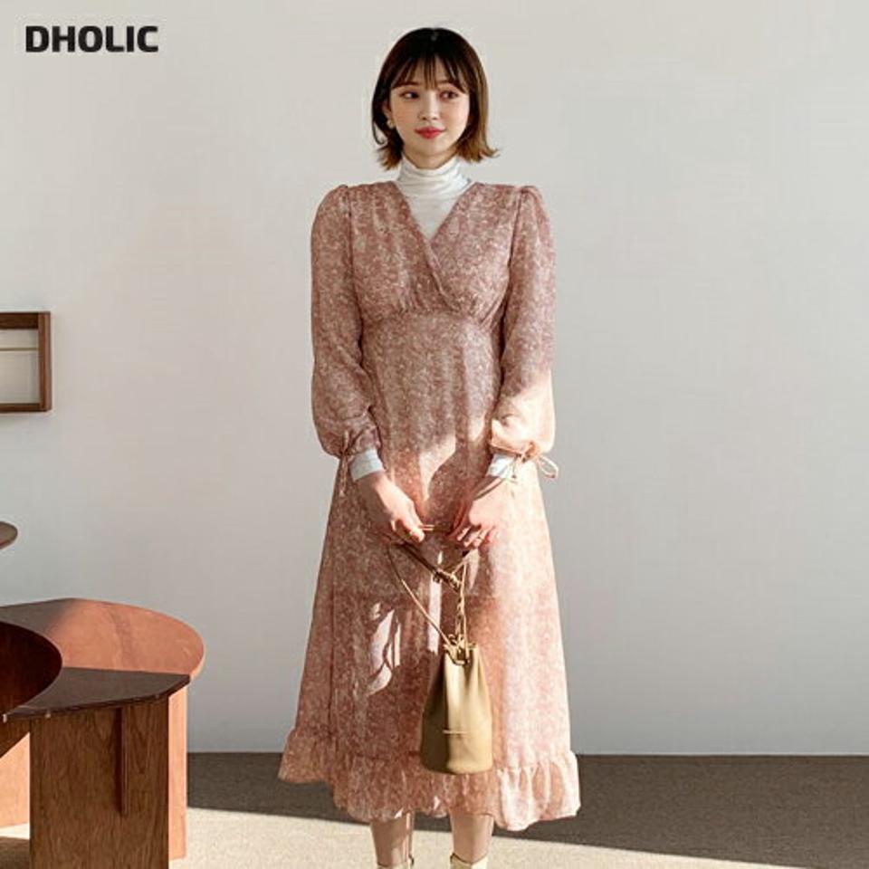 フローラルロングワンピース・全3色・t64811 レディース 【ops】【韓国 ファッション ワンピース ロング ロングワンピス 長袖 Vネック 花柄 カシュクール シフォン 体型カバー フレア リボン スリム ストリング カジュアル 秋 冬】