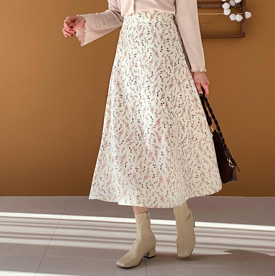 花柄ロングスカート・全3色・b64816 レディース 【sk】【韓国 ファッション ボトムス スカート ロング Aライン バックゴム フローラル パターン フレア ハイウエスト スリム 体型カーバー 細身 ベーシック デイリー カジュアル 秋 冬】