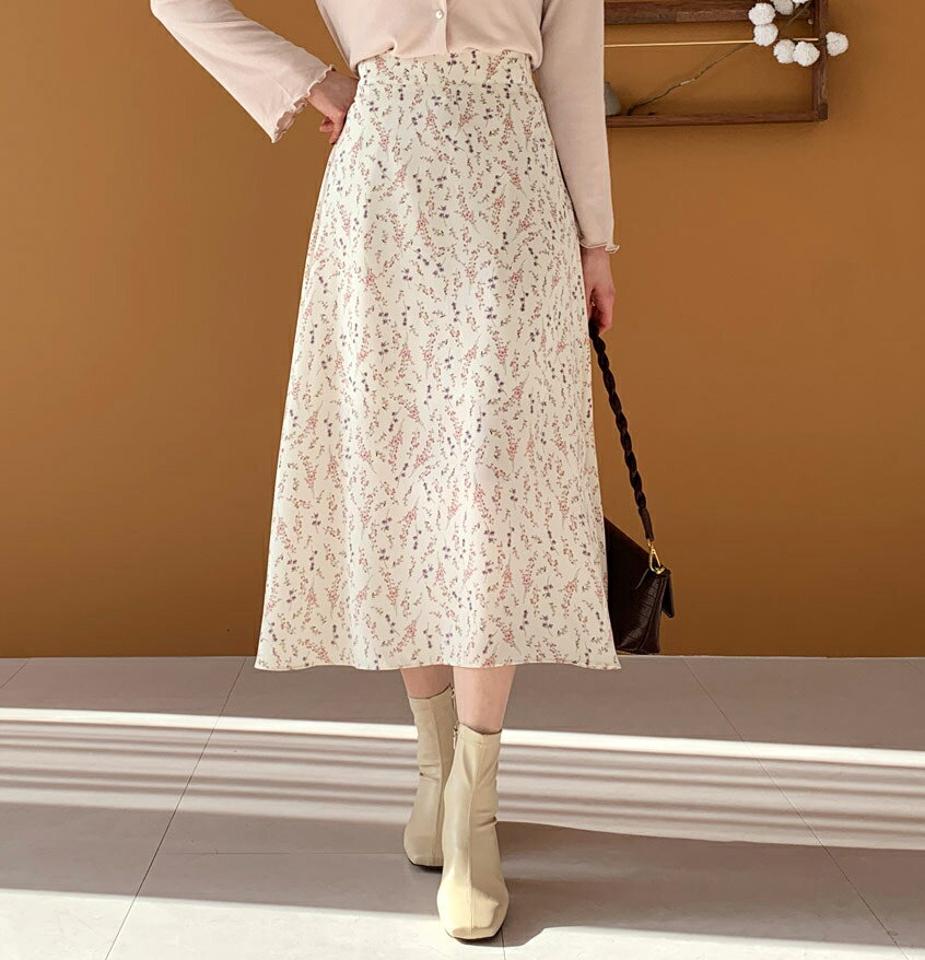 花柄ロングスカート・全3色・b64816 レディース 【sk】【韓国 ファッション ボトムス スカート ロング Aライン バックゴム フローラル パターン フレア ハイウエスト スリム 体型カーバー 細身 ベーシック デイリー カジュアル 秋 冬】