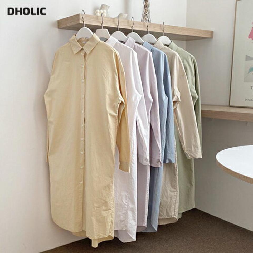 ロングシャツ・全6色・t64812 レディース 【tops】【韓国 ファッション トップス ブラウス シャツ 長袖 ユニーク 体型カバー タック フェミニン カジュアル 無地 デイリー カジュアル 秋 冬】
