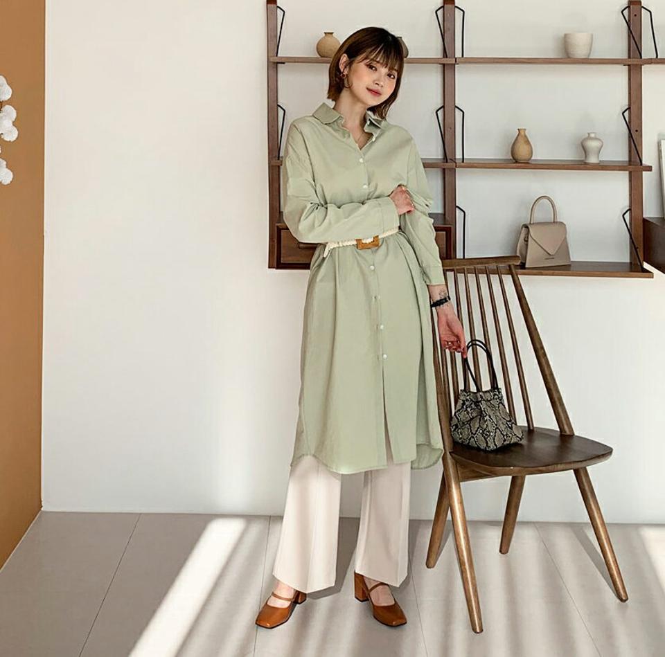 ロングシャツ・全6色・t64812 レディース 【tops】【韓国 ファッション トップス ブラウス シャツ 長袖 ユニーク 体型カバー タック フェミニン カジュアル 無地 デイリー カジュアル 秋 冬】