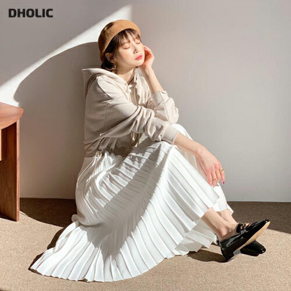 プリーツフードワンピース・全3色・t64810 レディース 【ops】【韓国 ファッション ワンピース ロング ロングワンピス 長袖 プリーツ フード カジュアル スウェット ストリングフード ウエストストリング 異素材 カジュアル 秋 冬】