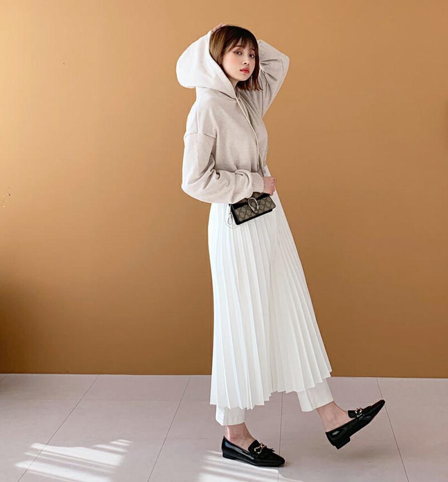 プリーツフードワンピース・全3色・t64810 レディース 【ops】【韓国 ファッション ワンピース ロング ロングワンピス 長袖 プリーツ フード カジュアル スウェット ストリングフード ウエストストリング 異素材 カジュアル 秋 冬】