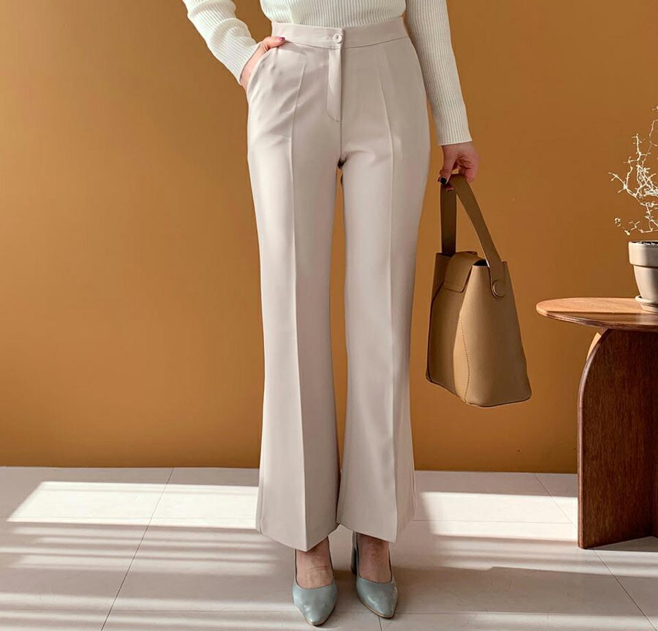 ブーツカットスラックス・全4色・t64819 レディース 【pt】【韓国 ファッション ボトムス パンツ ロング ブーツカット スリム 細身 タイト ハイウエスト オフィス 10分丈 十分丈　サイドポケット シンプル カジュアル 秋 冬】