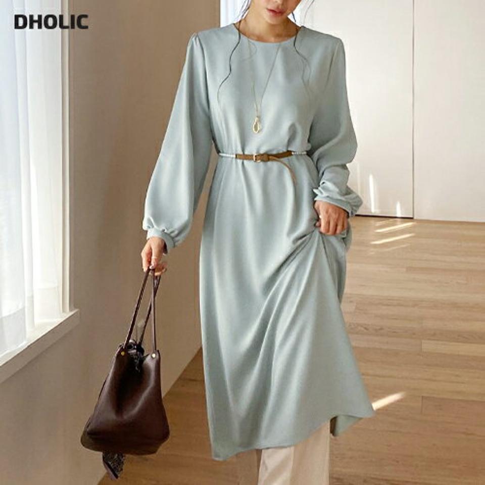 ラウンドネックワンピース・全3色・t66377 レディース 【ops】【ワンピース ロング ロングワンピース 長袖 単色 無地 シンプル ベーシック カジュアル 体型カバー ギャザー ルーズ ゆったり 秋 冬 韓国 ファッション】【ハイホリHIHOLLI】