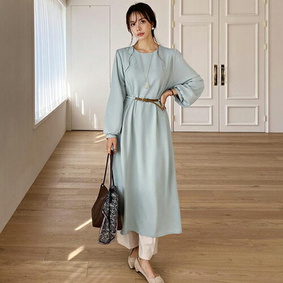 ラウンドネックワンピース・全3色・t66377 レディース 【ops】【ワンピース ロング ロングワンピース 長袖 単色 無地 シンプル ベーシック カジュアル 体型カバー ギャザー ルーズ ゆったり 秋 冬 韓国 ファッション】【ハイホリHIHOLLI】