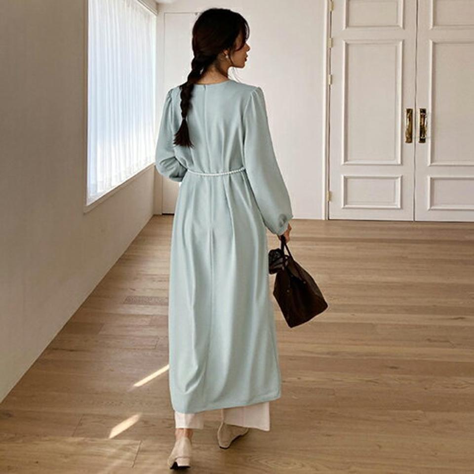 ラウンドネックワンピース・全3色・t66377 レディース 【ops】【ワンピース ロング ロングワンピース 長袖 単色 無地 シンプル ベーシック カジュアル 体型カバー ギャザー ルーズ ゆったり 秋 冬 韓国 ファッション】【ハイホリHIHOLLI】