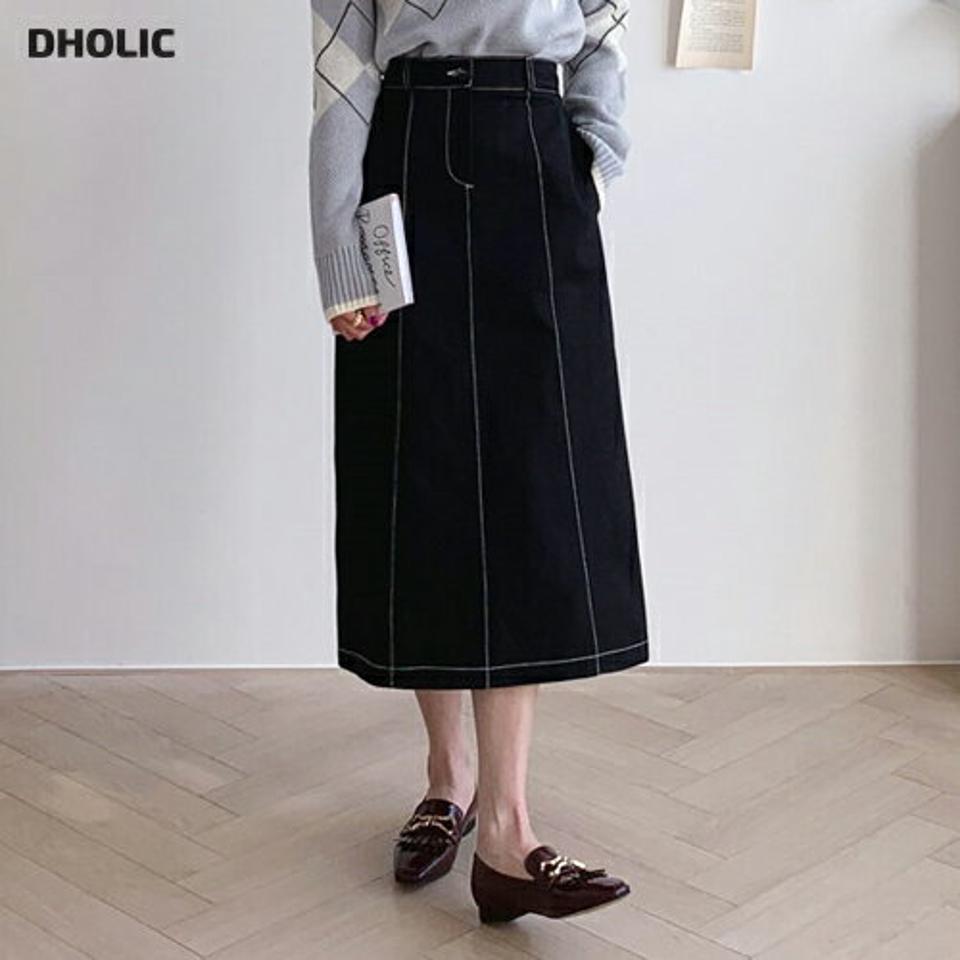 ステッチAラインスカート・全4色・t64815 レディース 【sk】【韓国 ファッション ボトムス スカート ロング ステッチ Aライン バックゴム ファスナー付き ベルトループ ポケット スリット ベーシック デイリー カジュアル 秋 冬】