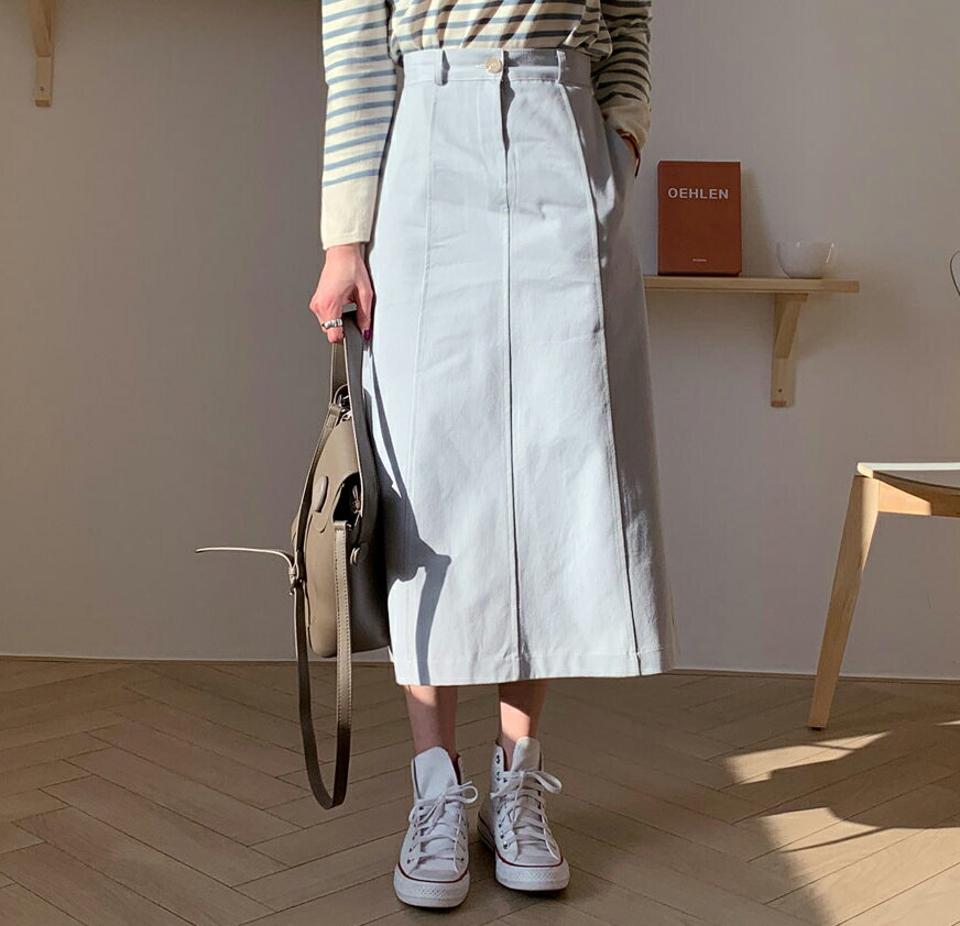 ステッチAラインスカート・全4色・t64815 レディース 【sk】【韓国 ファッション ボトムス スカート ロング ステッチ Aライン バックゴム ファスナー付き ベルトループ ポケット スリット ベーシック デイリー カジュアル 秋 冬】