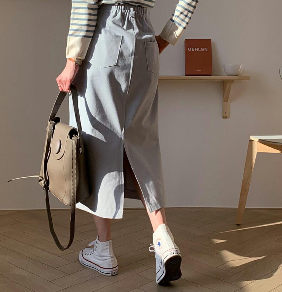 ステッチAラインスカート・全4色・t64815 レディース 【sk】【韓国 ファッション ボトムス スカート ロング ステッチ Aライン バックゴム ファスナー付き ベルトループ ポケット スリット ベーシック デイリー カジュアル 秋 冬】